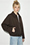 Women's Bitter Brown Oversize Belt Detailed Zippered Lined Bomber Jacket 2911 60286013 - 3