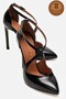 Genuine Leather Black Patent Leather Pointed Toe Ankle Strap High Thin Heeled Shoes Cleo - 2