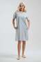 Women's Blue Ecru Striped V-Neck Short Sleeve 100% Cotton Dress with Pockets