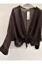 Women's Brown Italian Tie-Front Bat Sleeve Silk Bolero Blouse Size 38 - 42 - 5