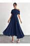 Women's Off Shoulder Short Sleeve Pleated Long Crepe Dress