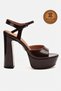 Genuine Leather Brown Patent Leather Ankle Strap Open Platform Heeled Handmade Women's Shoes Talia