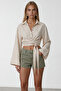 Vanilla Wide Cuff Sleeve Detailed Tie-Front Linen Shirt Alc-X15424 - 4