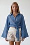 Indigo Wide Cuff Sleeve Detailed Tie-Front Linen Shirt Alc-X15424