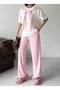 Women's Pink Scarf Detailed T-Shirt and Pants Top and Bottom Set - 5