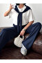 Women's Navy Blue Scarf Detailed T-Shirt and Pants Top and Bottom Set - 3