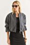 Women's Bomber Jacket with Pockets and Zipper, Smoked - 4