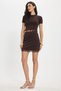 Women's Slim Fit Cotton Crew Neck Lace Detailed Brown Skirt T-Shirt Set - 3