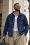 Men's Trend Casual Basic Pocketed Slim Fit Navy Blue Denim Jacket