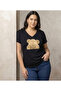 Women's Black Plus Size V-Neck Trendy Figure Patterned Cotton T-Shirt Standard Size - 6