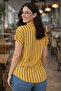 Women's Striped Top Short Sleeve Buttoned Comfortable Fit Modern Mustard Shirt - 3
