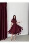 Burgundy Lace Sequin Embroidered Short Sleeve Midi Evening Dress - 4