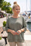 Khaki Crew Neck 3/4 Sleeve, Sleeve and Hem Mesh Detailed Casual Muslin Oversize Woven Blouse 60 65 - 2