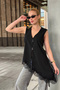 Women's Black Asymmetrical Cut Lace Detailed Sleeveless Long Vest - 9