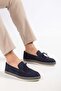 Genuine Leather Suede Men's Casual Shoes Navy Blue Straw Sole Bow - 4