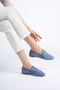 Blue Women's Suede Shoes Loafer with Gold Stone Buckle Casual Stylish Flats - 3