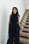 Navy Blue Blouse and Trousers Set with Lace-Up Detail - 5