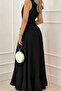 Women's Double-Breasted Collar Strap Long Crepe Dress with Volan Detail on the Front - 2