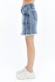 Women's Denim High Waist Mini Skirt with Fringes and Back Pockets, Zipper Detail on the Front - 6