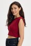 Women's Slim Fit 100% Cotton Pleated Soft Texture Burgundy Crew Neck Crop Blouse - 3