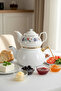 Red Side Tulip Patterned Porcelain Top 650 ml – White Enamel Bottom (1.25 Lt) Teapot Set - 3