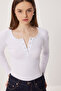 Snap Fastener Ribbed Knitted Blouse Lrn0015 White - 2