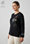 Women's Colorful Floral Leaf Patterned Collar and Skirt Stoned Embroidered Slit Lycra Mother Combed Cotton Blouse - 2