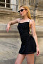 Women's Black Stylish Stone Detailed Backless Strappy Draped Stone Mini Dress - 3