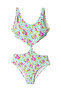 Berthe - Water Green Rose Patterned Cut-Out Knot Detailed Girls' Swimsuit by Nessi Byrd