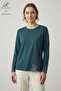 Women's Lace Wrapped Stripe Patterned Embroidered Stone-Embellished Slit Lycra Mother Combed Cotton Blouse