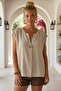 Beige High Neck Low Sleeve Casual Linen Look Woven Blouse 67 60 - 3