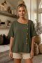 Dark Khaki Asymmetric Collar Short Sleeve Buttoned Casual Muslin Woven Blouse 67 58