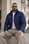 Men's Casual Pocketed Basic Lined Navy Blue Puffer Jacket - 4