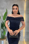 Full Beaded Fabric Boat Neck Evening Dress - Dark Blue - 3