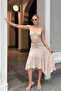 Women's Beige Halter Neck Crop Blouse Lined Skirt Two-Piece Set - 7