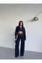 Women's Stoned Wide Leg Jean High Waist Wide Leg Denim Trousers Navy Blue - 4