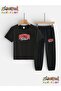 Boston Text Printed Top-Bottom Tracksuit/T-Shirt Two-Piece Children's Set (Pocketed Tracksuit Pants)