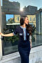 Women's Navy Blue Jean Detailed Buttoned Long Elegant Dress (S/M) - 3