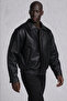 Men's Black Faux Leather Elastic Waist Oversize Jacket