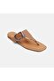 Women's Tan Leather Flip-Flops with Metal Buckle - 7
