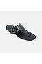 Women's Black Metal Buckle Leather Flip-Flops - 7