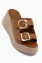 Luna Genuine Leather Tan Double-Strapped Platform Heeled Women's Slippers