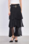 Women's Belted Ruffled Long Chiffon Skirt - Black - 2