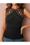 Women's Shoulder Strap Stripe Detailed Stoned Viscose Blouse - 2