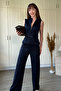 Zippered Belt Detailed Trousers Blouse Navy Blue Set - 8