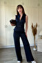 Zippered Belt Detailed Trousers Blouse Navy Blue Set - 7