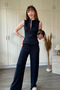 Zippered Belt Detailed Trousers Blouse Navy Blue Set