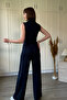 Zippered Belt Detailed Trousers Blouse Navy Blue Set - 5