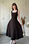 Square Neck Flared Midi Brown Dress with Scarf Detail on the Back - 6