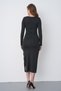 Women's Black Long Sleeve Slit Midi Dress Stylish Evening Dress with Waist Detail and Accessories 77163 - 3